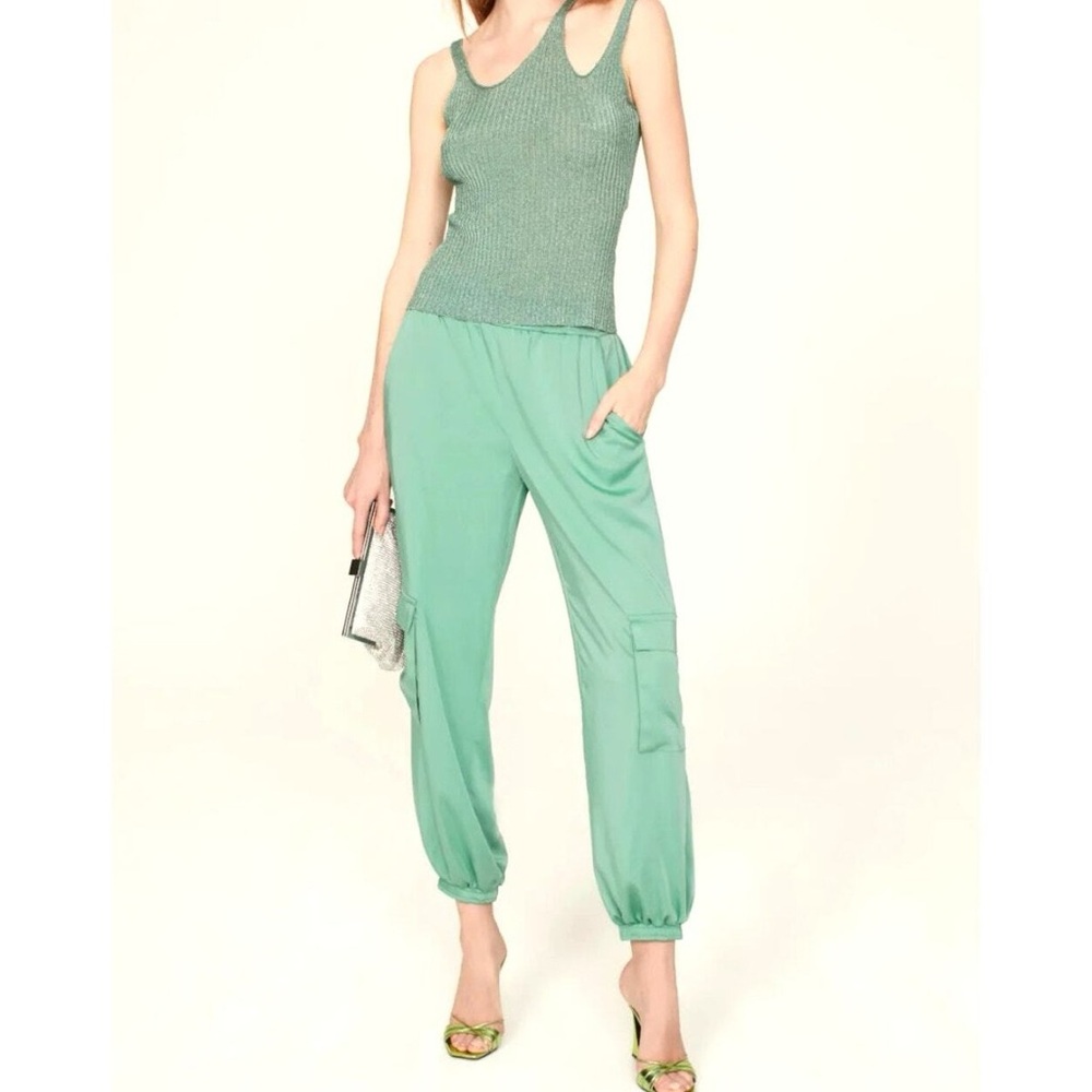 Sally LaPointe Green Satin like cargo pants